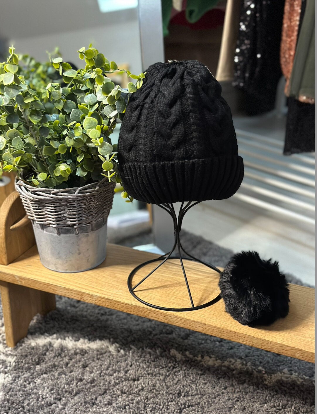 Black Cable Knit Faux Fur Pom Pom Cable Knit, Bobble Hat