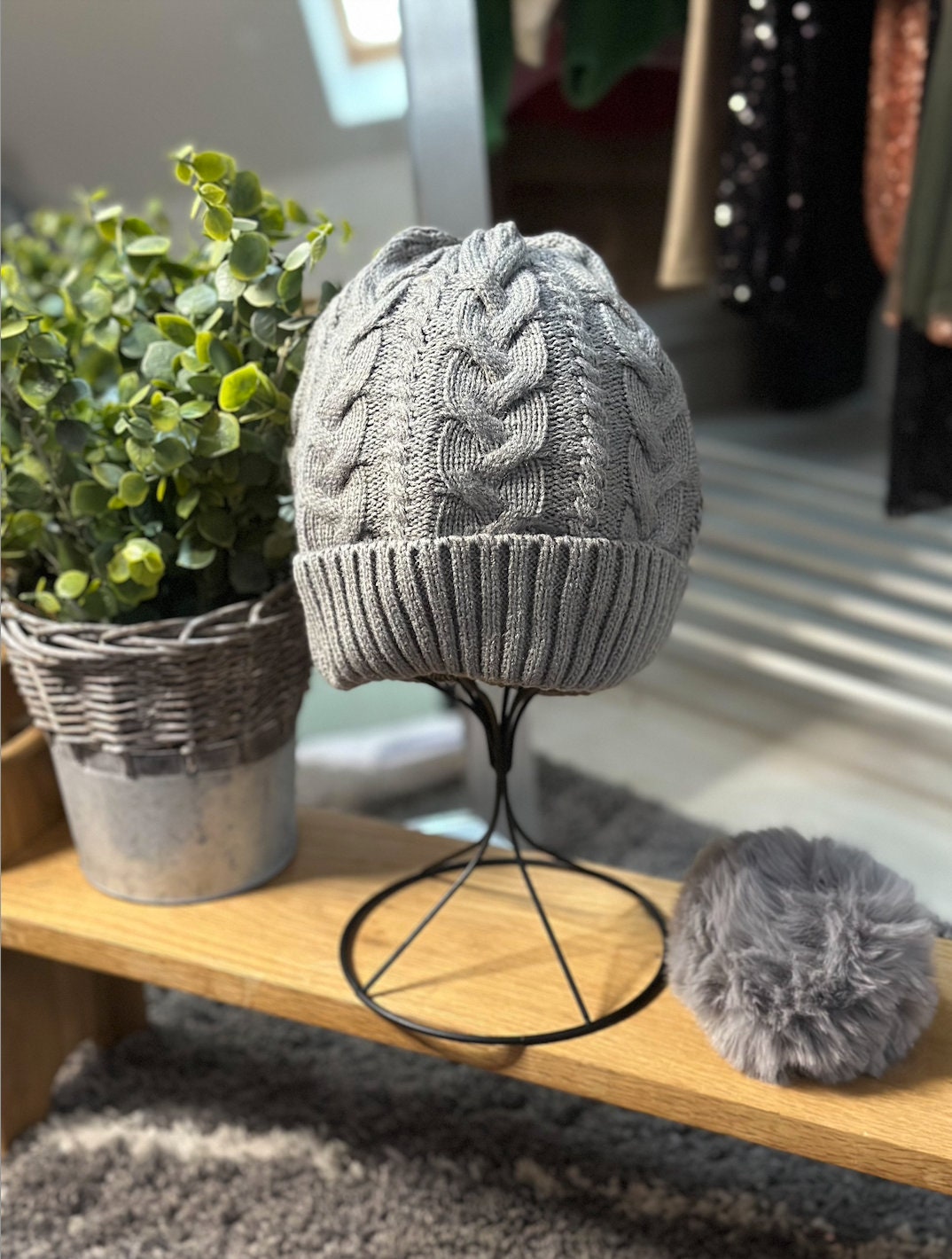 Light Grey Cable Knit Faux Fur Pom Pom Cable Knit, Bobble Hat