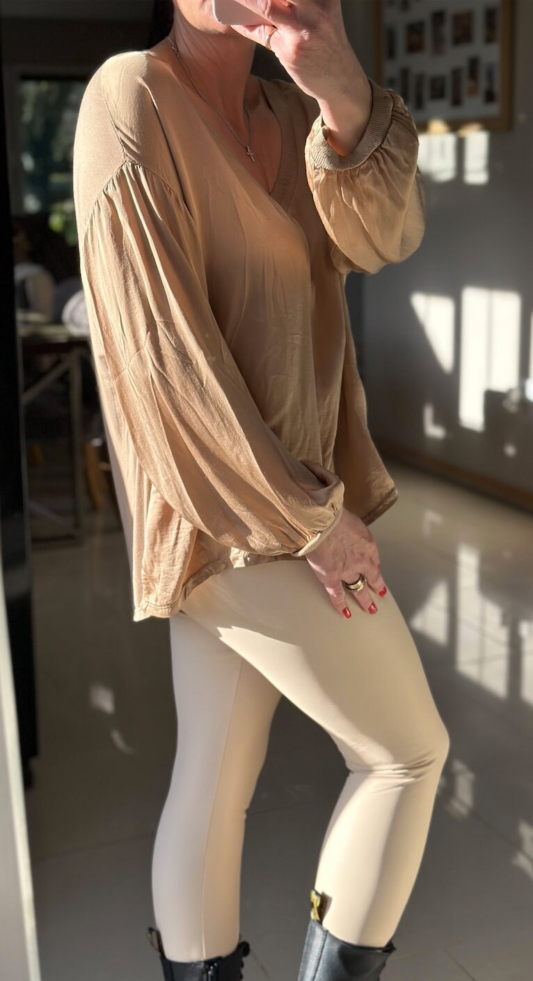 Made in Italy Cream V Neck Silk Top, Blouse, Pullover