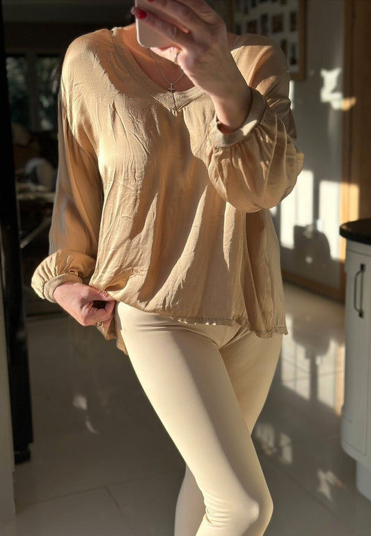 Made in Italy Cream V Neck Silk Top, Blouse, Pullover