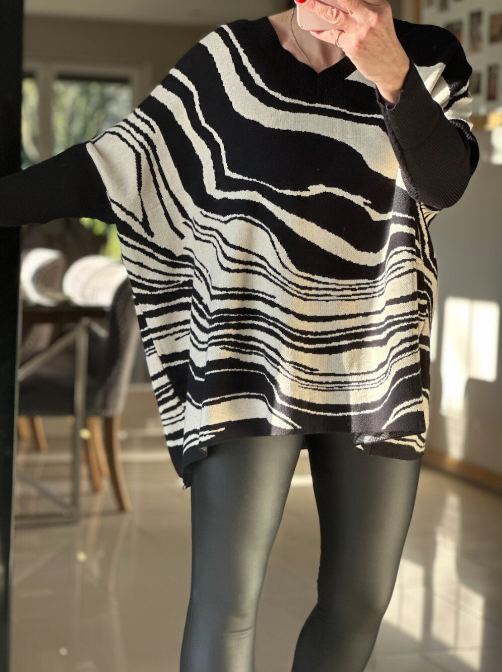 Made in Italy Knitted V Neck Black and White Swirl Pattern Jumper, Pullover