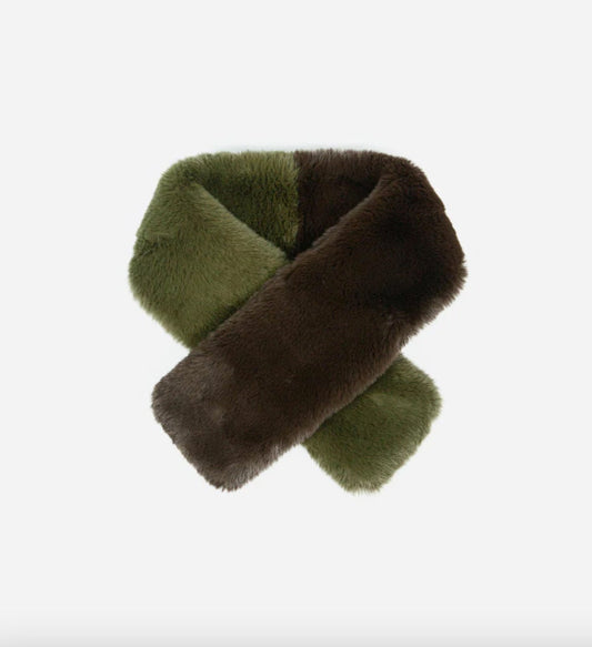 Khaki and Chocolate Brown Colour Block Tuck Through Faux Fur, Scarf, Faux Fur Collar