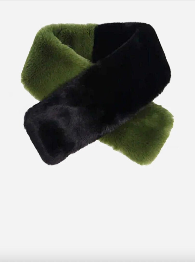 Khaki and Black Block Short Tuck Through Faux Fur, Scarf, Faux Fur Collar