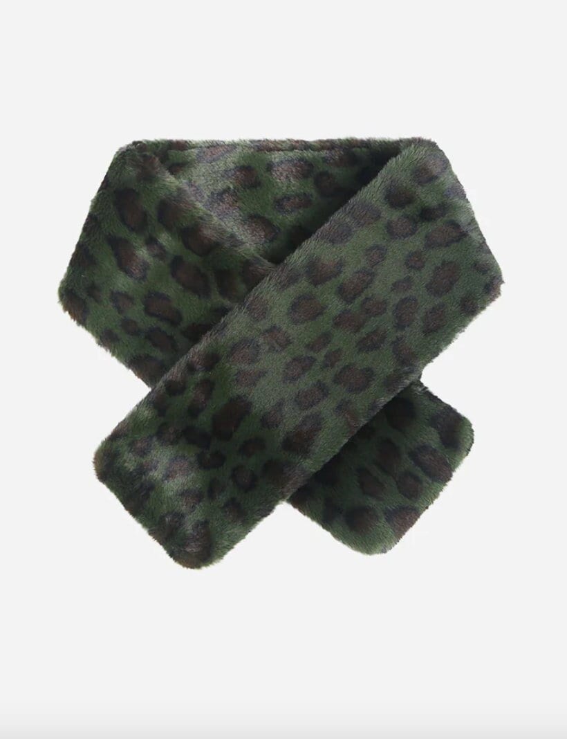Khaki Leopard Short Tuck Through Faux Fur, Scarf, Faux Fur Collar