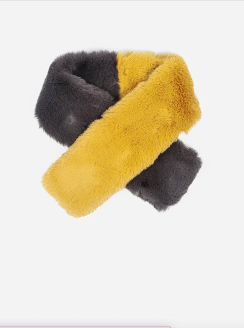 Mustard and Dark Grey Short Tuck Through Faux Fur, Scarf, Faux Fur Collar