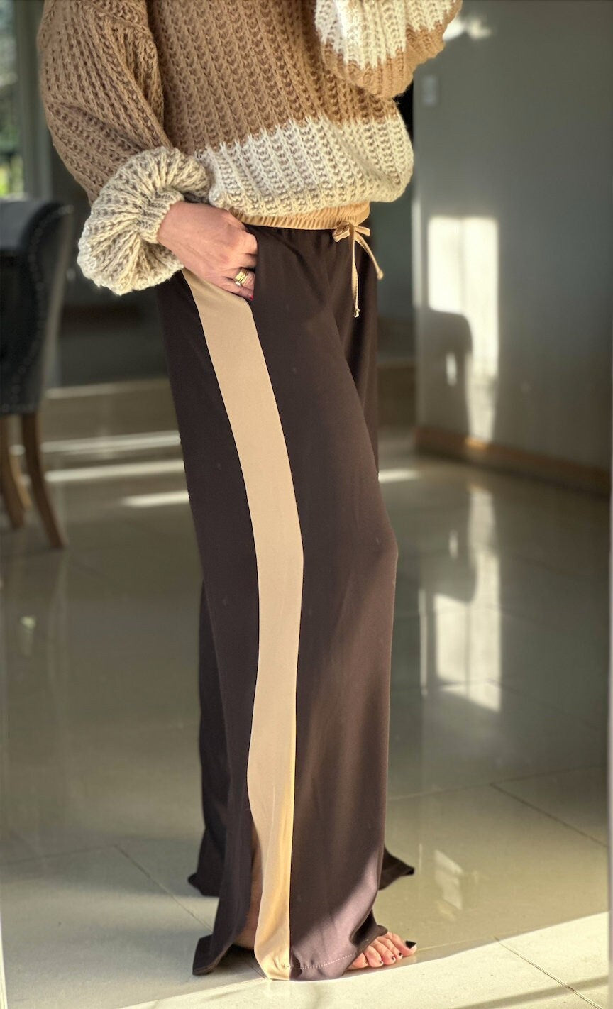 Made in Italy Brown Wide Leg Side Stripe Elasticated Waist Trouser,