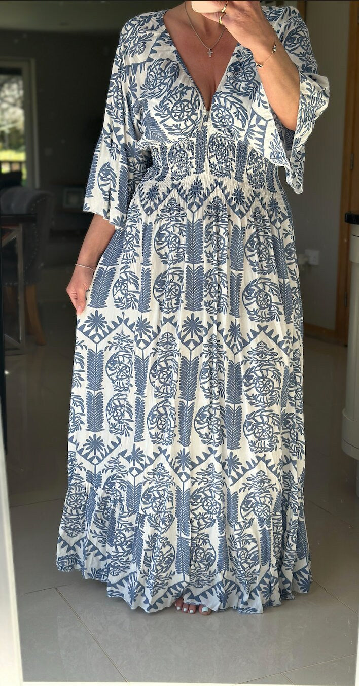 Made in Italy V Neck Blue and White Maxi Dress One Size