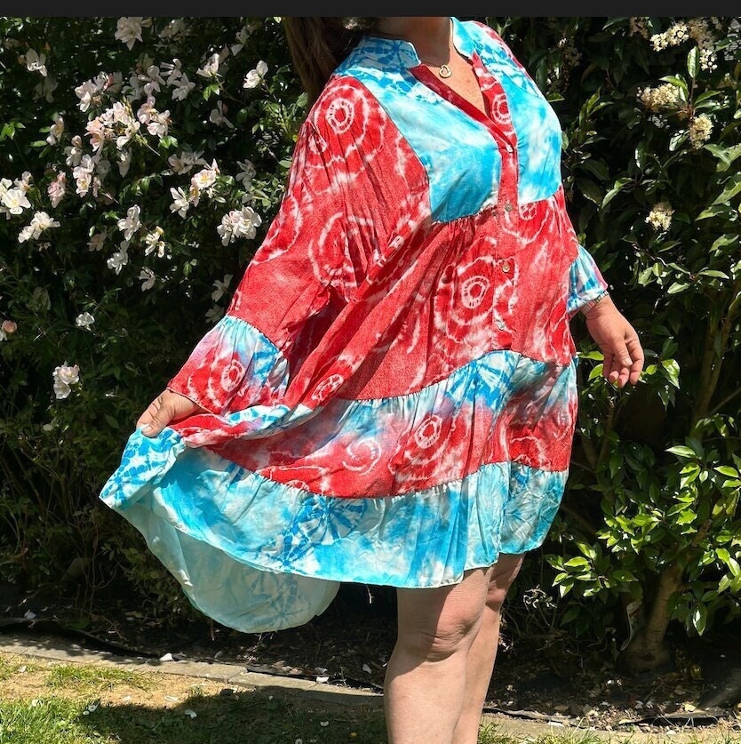 Plus Size Red and Blue Made in Italy Italian Tie Dye Print Tiered Dress, Tunic, Midi Smock Dress