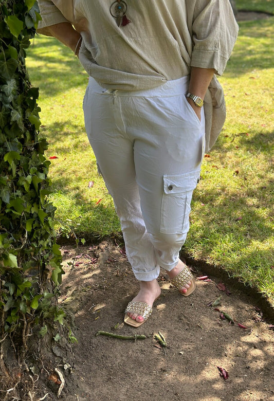 Plus Size Made in Italy White Italian Cargo Magic Trouser, Cargo, Super Stretch