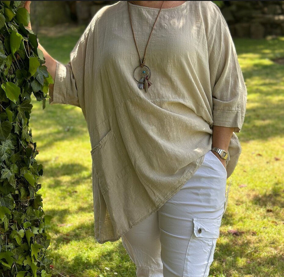 Plus Size Beige Made in Italy Italian Plain Cotton Necklace Batwing Boxy Top, Tunic Top, Kimono Top