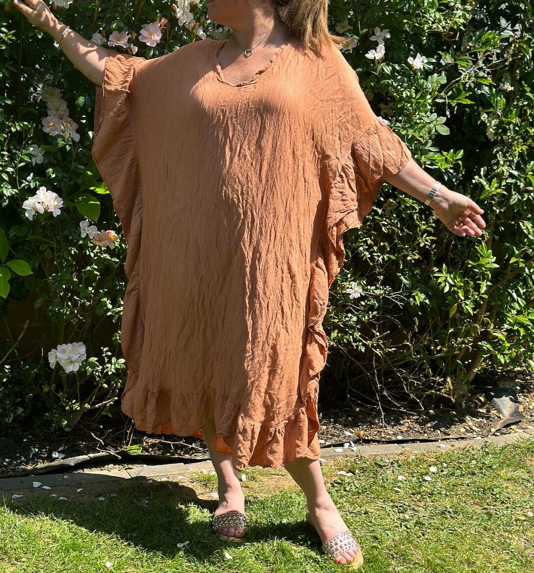 Plus Size Made in Italy Rust Glitter Side Frill Maxi Dress, Dress