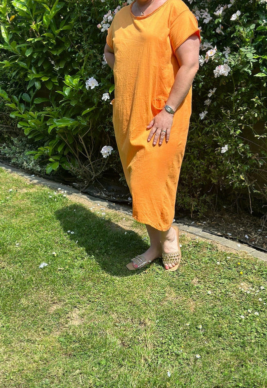 Plus Size Orange Made in Italy Italian Cotton Oversized Jersey Dress, Tunic