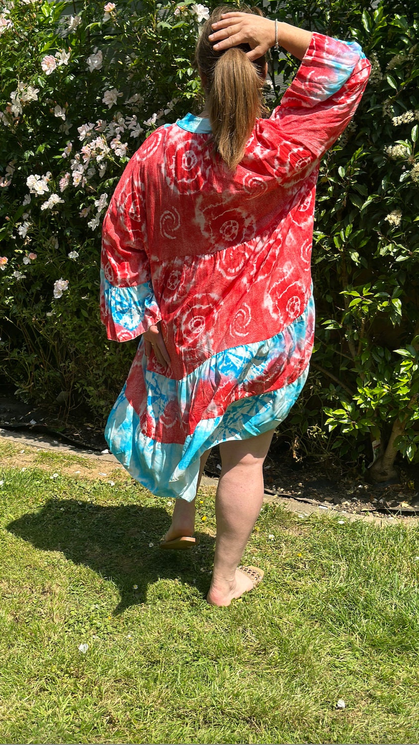 Plus Size Red and Blue Made in Italy Italian Tie Dye Print Tiered Dress, Tunic, Midi Smock Dress