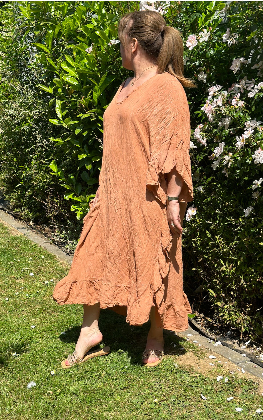 Plus Size Made in Italy Rust Glitter Side Frill Maxi Dress, Dress