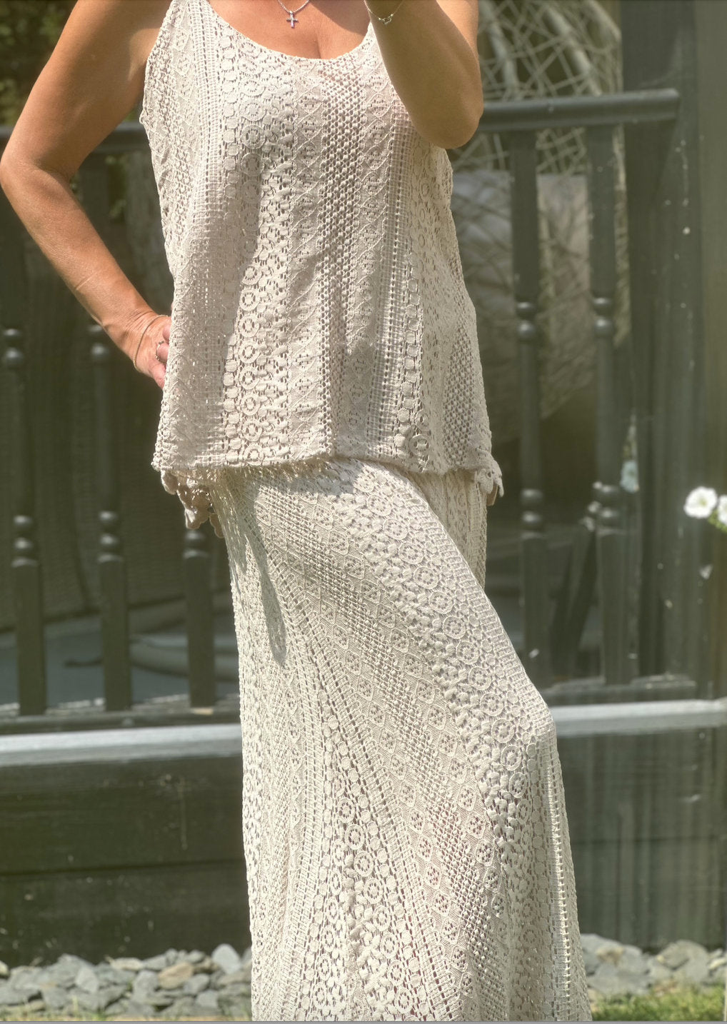 Made in Italy Stone Crochet Palazzo Trousers, Trouser