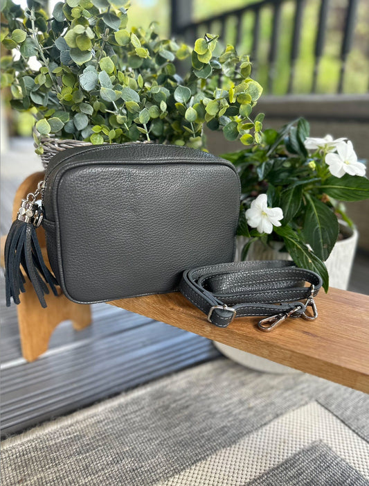 Made in Italy Dark Grey Side Tassel Leather Camera Bag Crossbody Bag Handbag Crossbody Strap