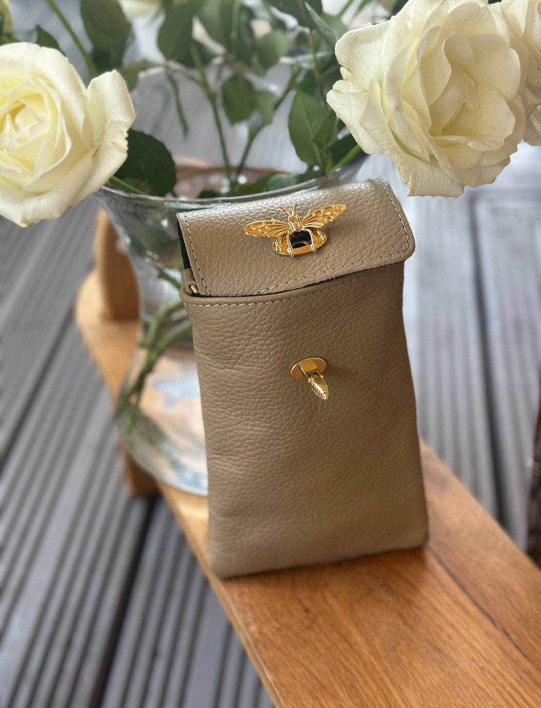 Made in Italy Dark Beige Leather Phone Bag, Phone Crossbody, Phone Pouch, Bee Phone Bag,