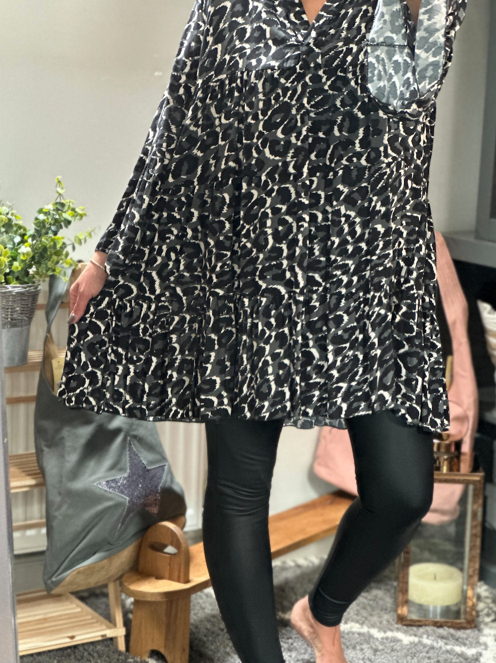 Made in Italy Black Animal Print Smock Dress, Shirt, Tiered Dress