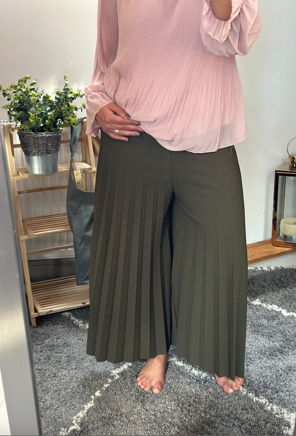 Made in Italy Khaki Culottes Wide Leg Chinos Pants Trousers, Mid Waist, Pleated Ankle-Length Comfort Plain