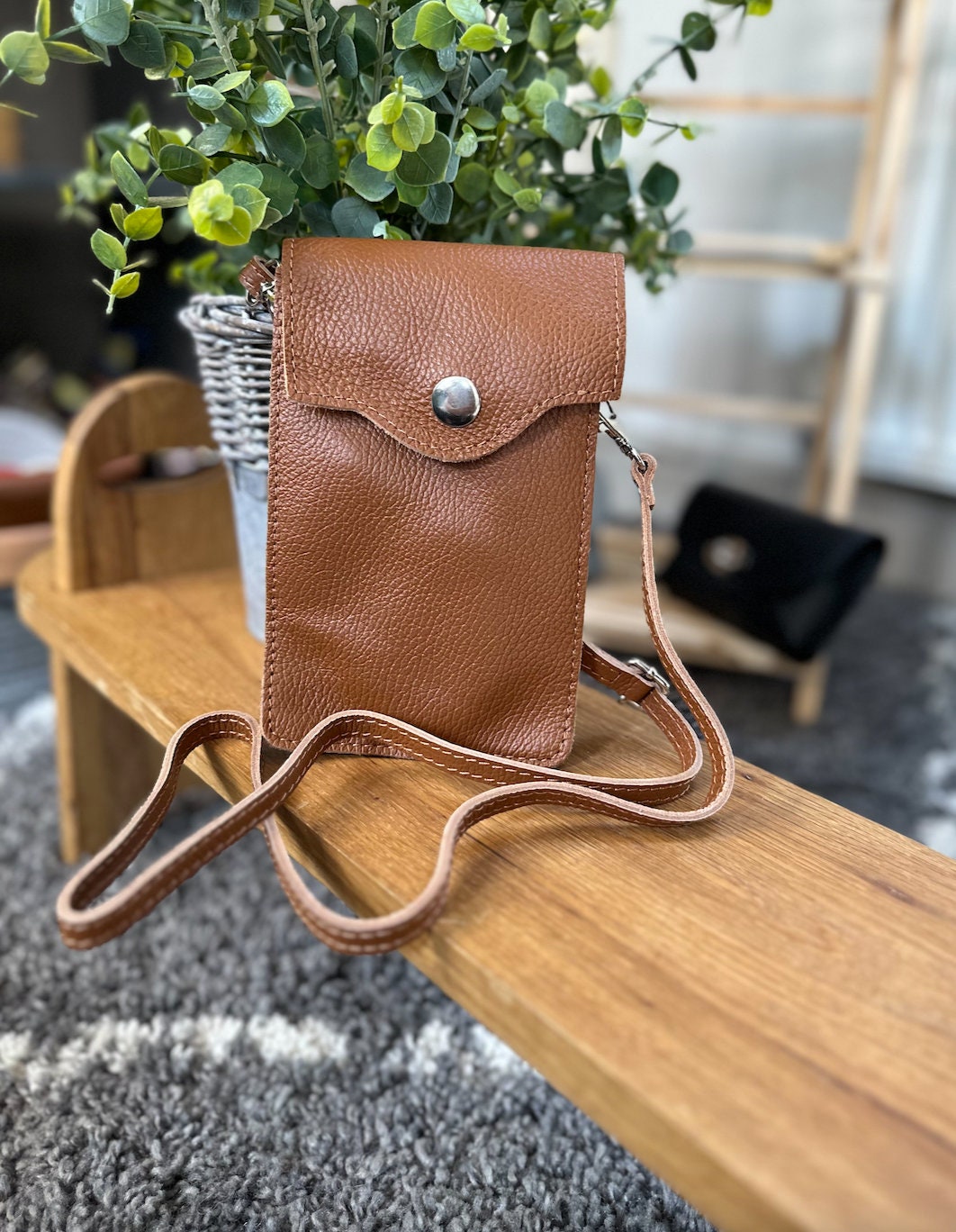 Grey/Tan Genuine Leather Crossbody Phone Bag Minimalist Shoulder Bag Gift For Her Women Handbag Women Purse Italian Leather Bag