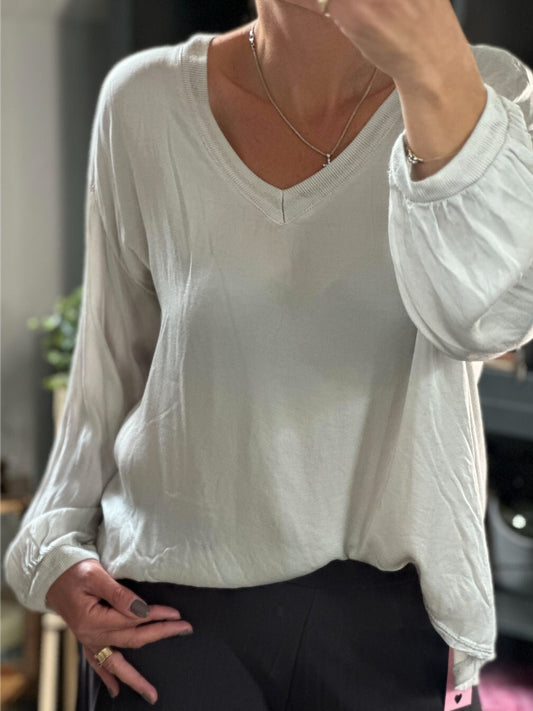 Made in Italy Cream V Neck Silk Top,  Blouse, Pullover