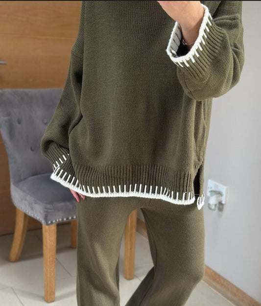 Made in Italy Khaki Thick Knitted With Border Detail Two Piece Co-Ord Set, Loungewear, Cosy Knitwear.