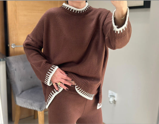 Made in Italy Brown Thick Knitted With Border Detail Two Piece Co-Ord Set, Loungewear, Cosy Knitwear.