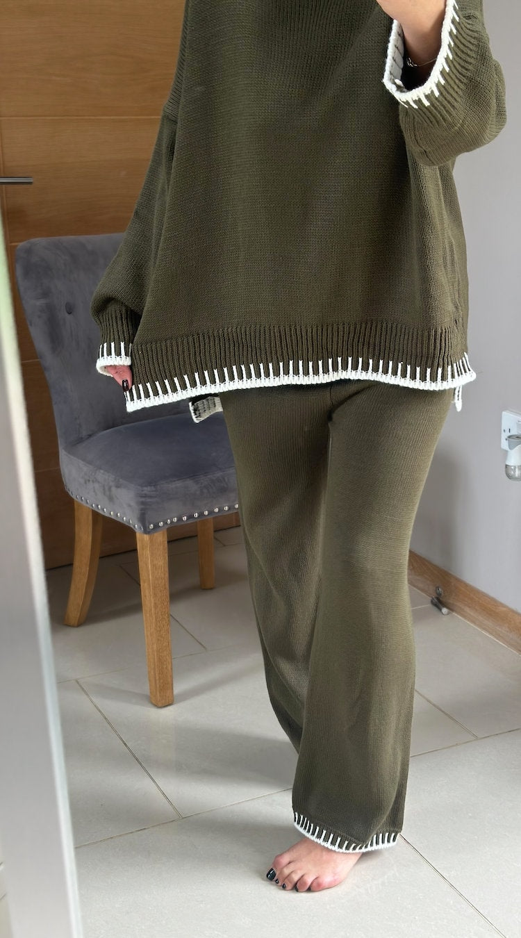 Made in Italy Khaki Thick Knitted With Border Detail Two Piece Co-Ord Set, Loungewear, Cosy Knitwear.