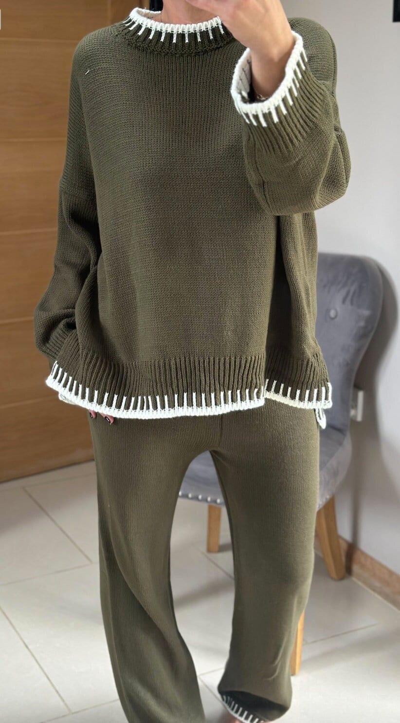 Made in Italy Khaki Thick Knitted With Border Detail Two Piece Co-Ord Set, Loungewear, Cosy Knitwear.